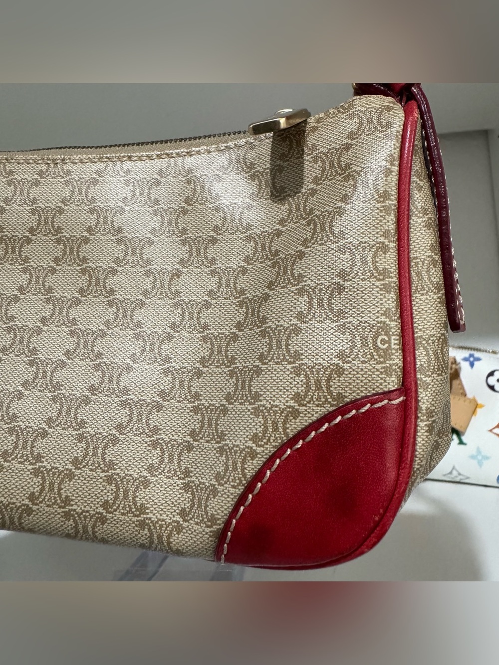 Celine Beige Monogram Canvas Shoulder Bag with Red Trim - Picture 2 of 10